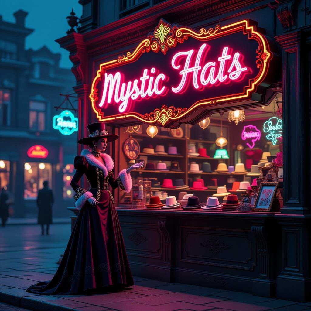 Mystic Hats Shopkeeper in Neon Baroque Style