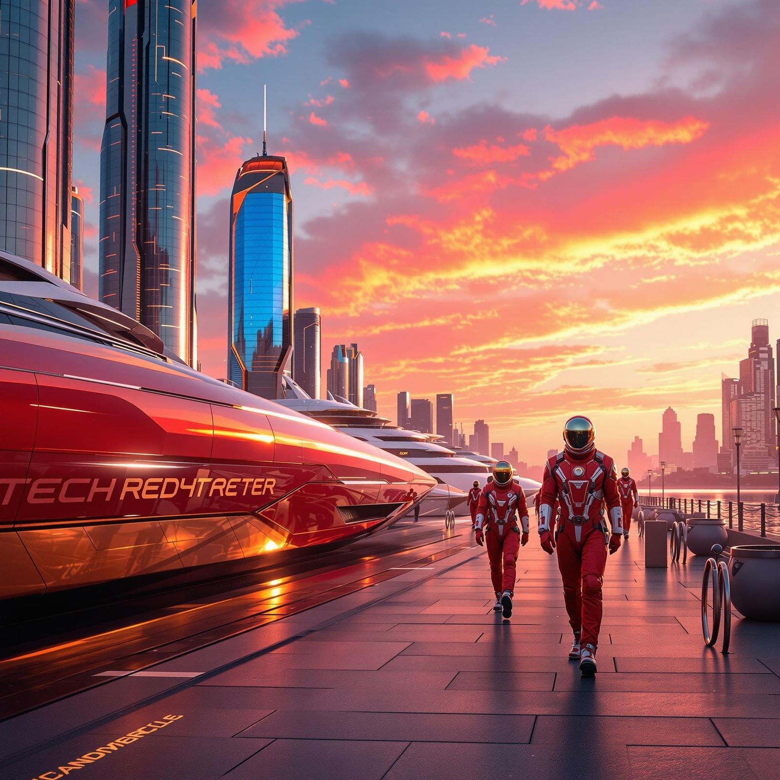 Surreal Sunset Cityscape with Futuristic Watercraft and Spac...