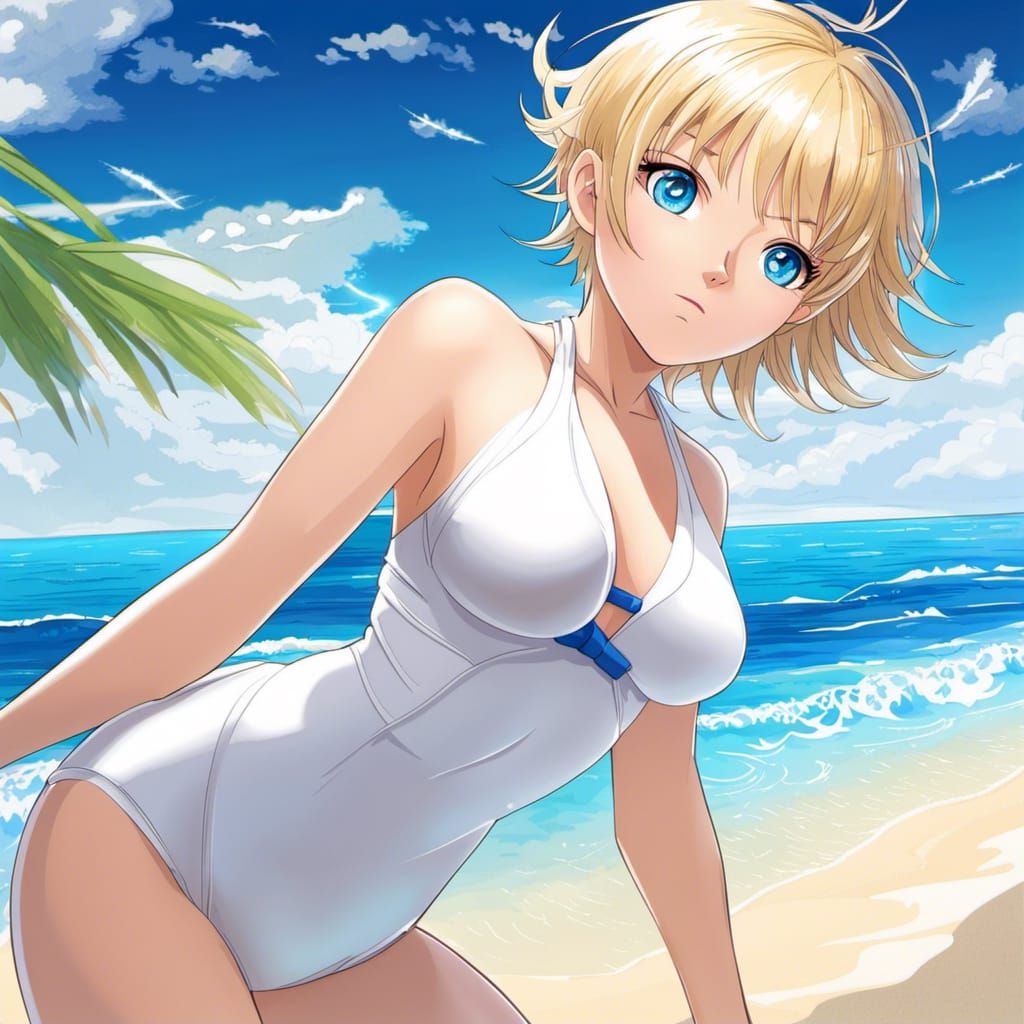 Anime Woman with Blonde Hair on Beach