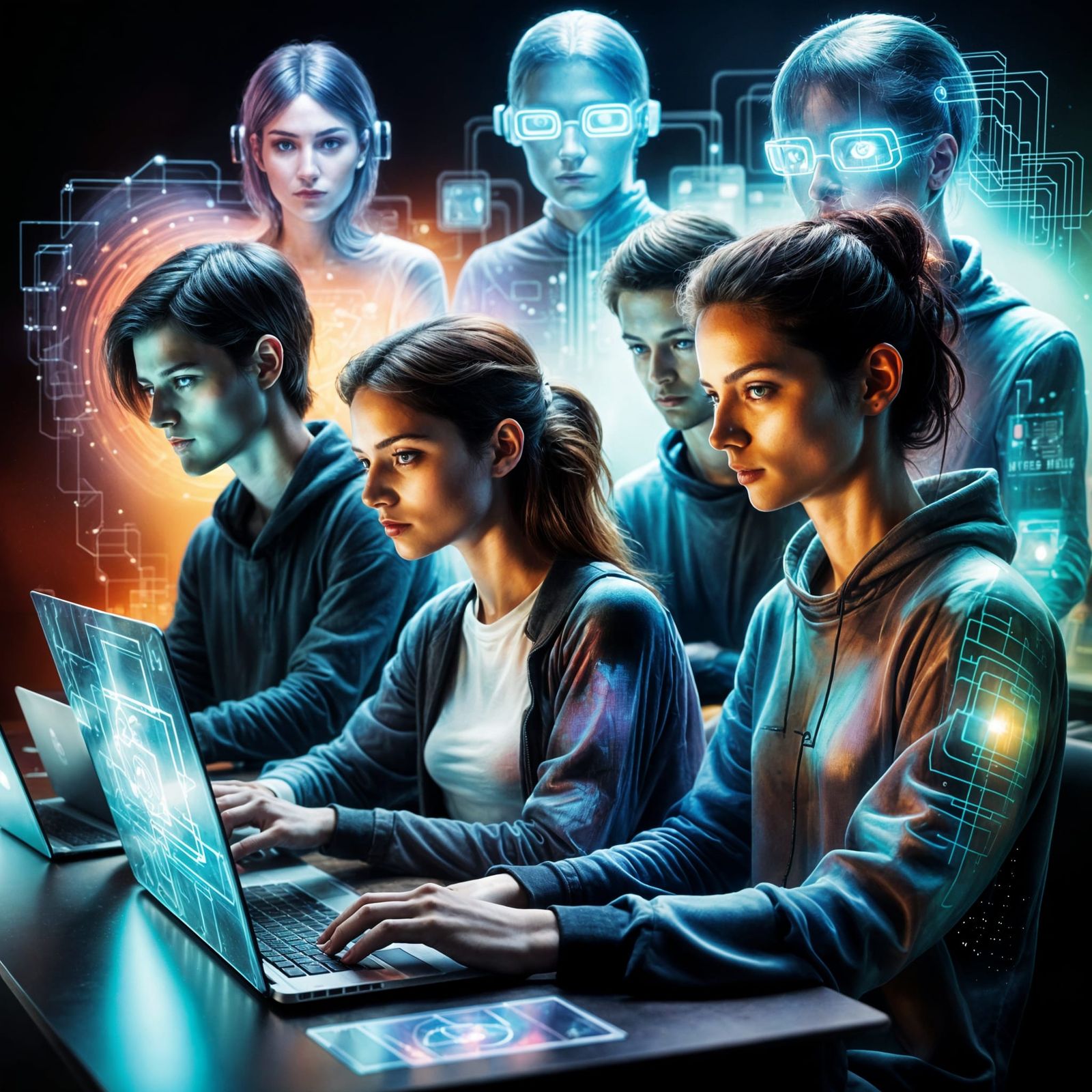 Hackers in Cyberspace: Holographic Sci-Fi Illustration