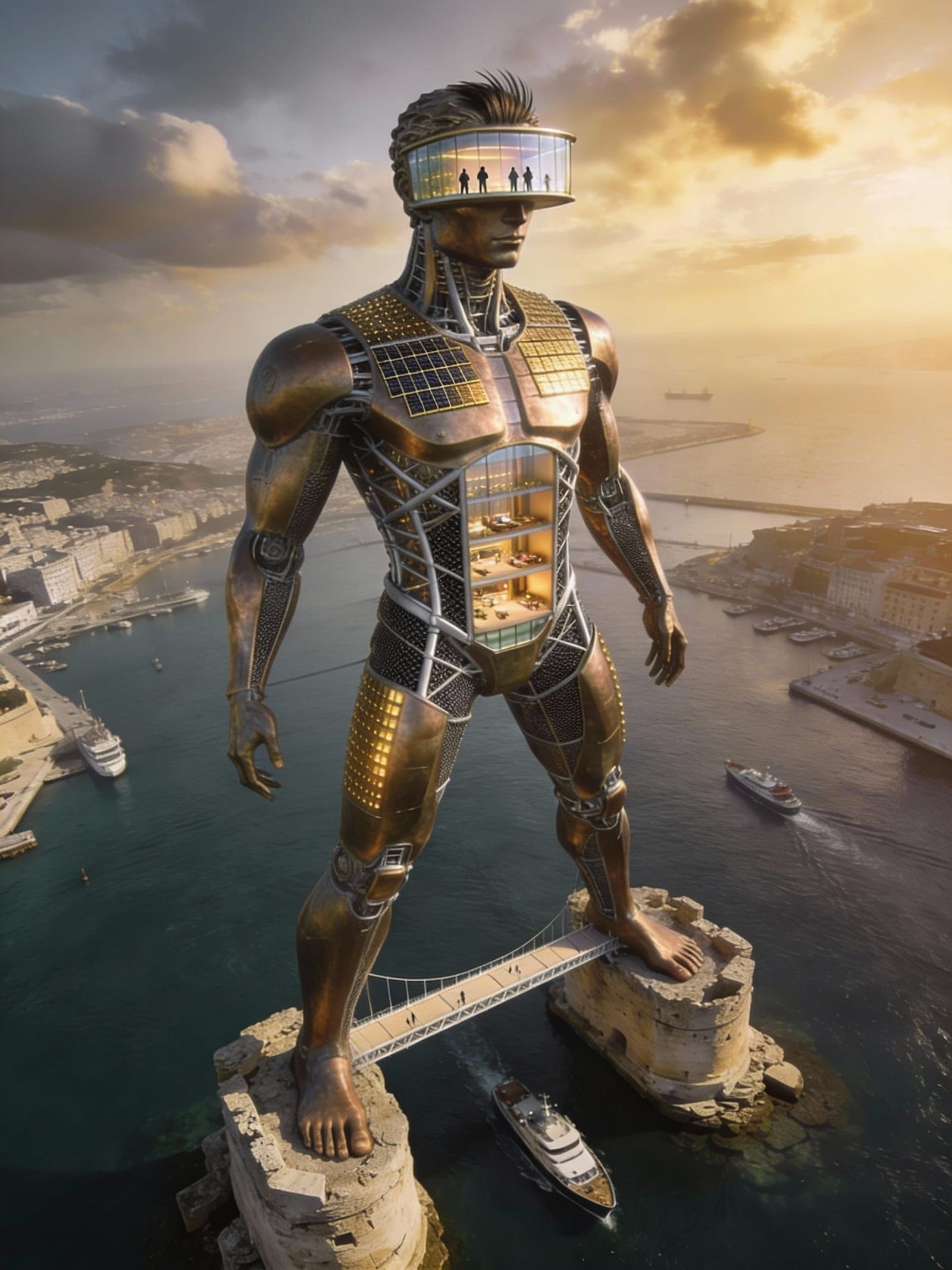 Cinematic photorealistic architectural reimagining of the Colossus of Rhodes as a fully modern and partially futuristic ...