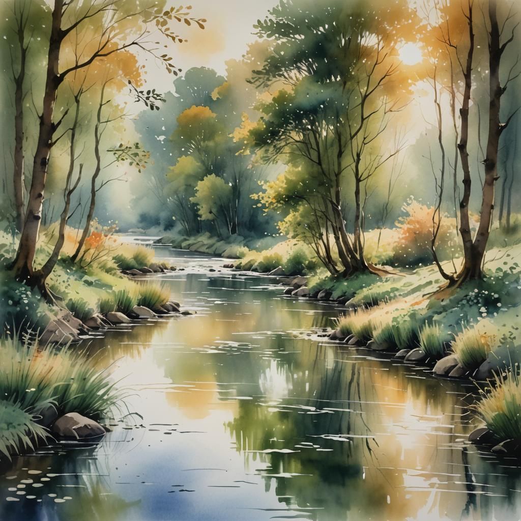 Serene Watercolour River Landscape with Sunlight