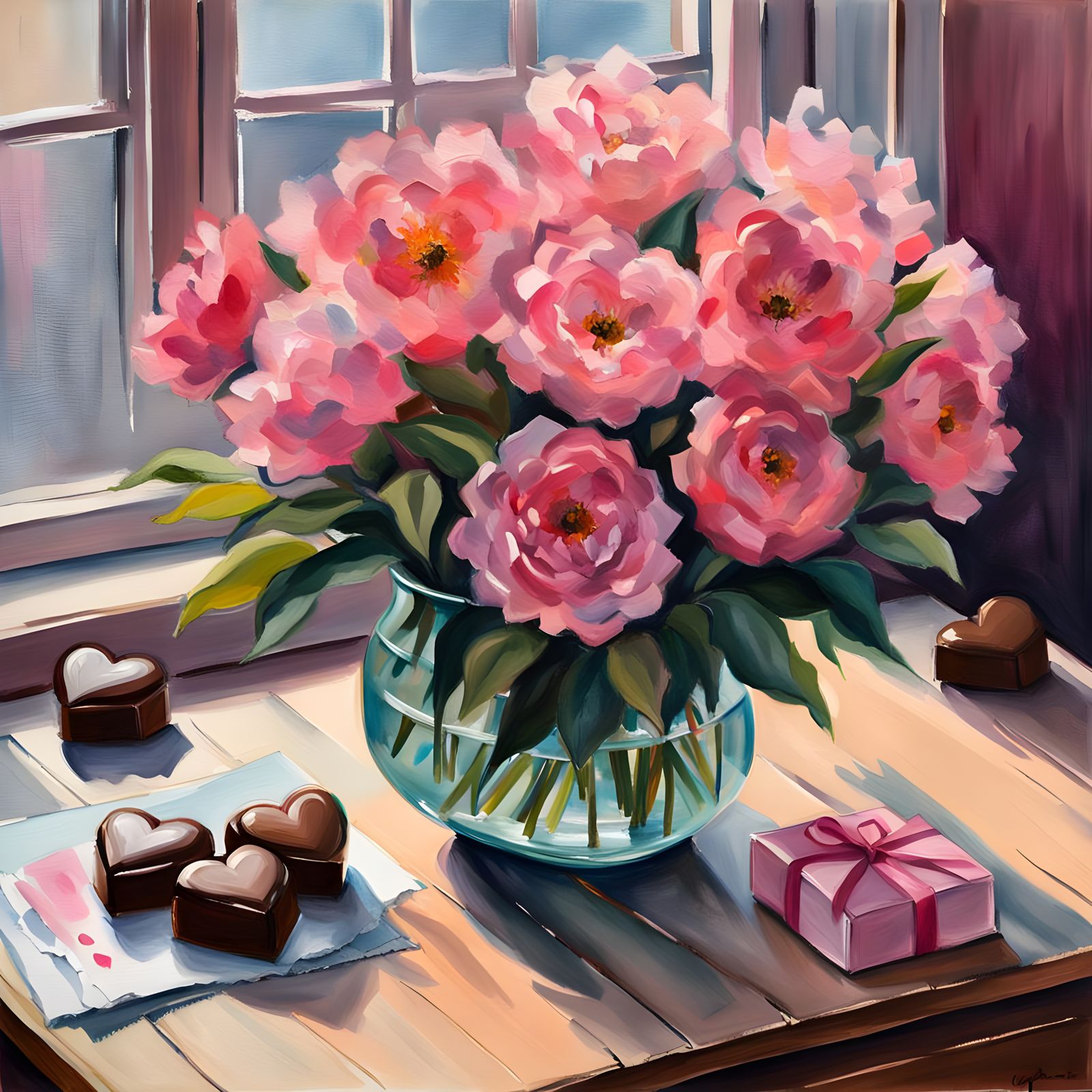 Chocolates and Flowers in Gouache Watercolor Style