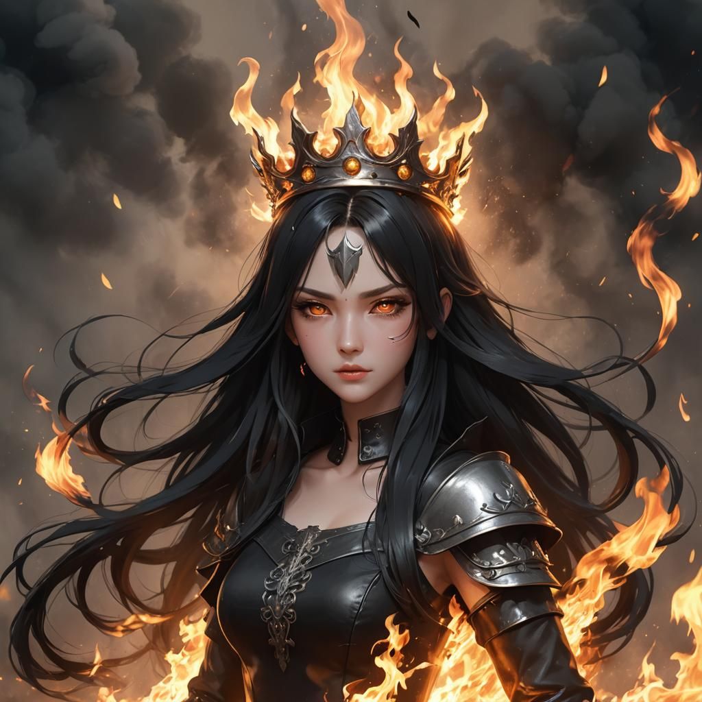 Anime Girl with Flaming Crown in 3D Style