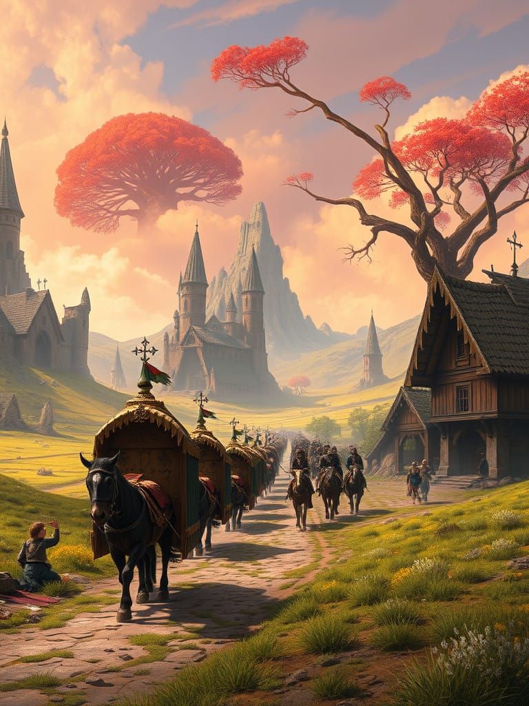 Medieval Fantasy Caravans Conquer Majestic Valley Landscape