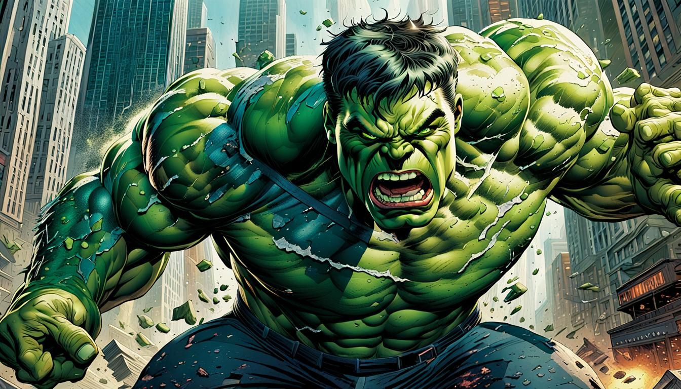 Hulk Smashing Through City in Comic Book Art