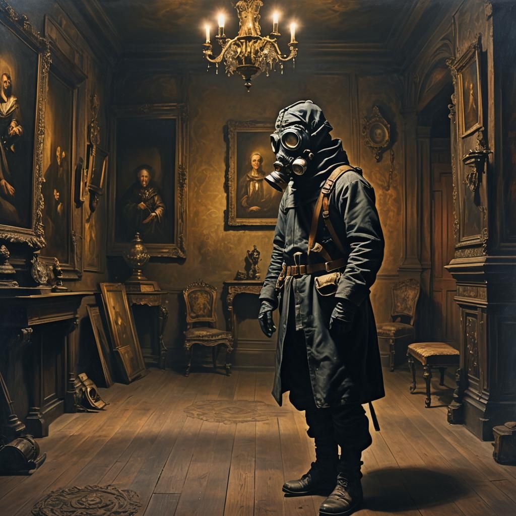 Person in Gas Mask: Baroque Oil Painting