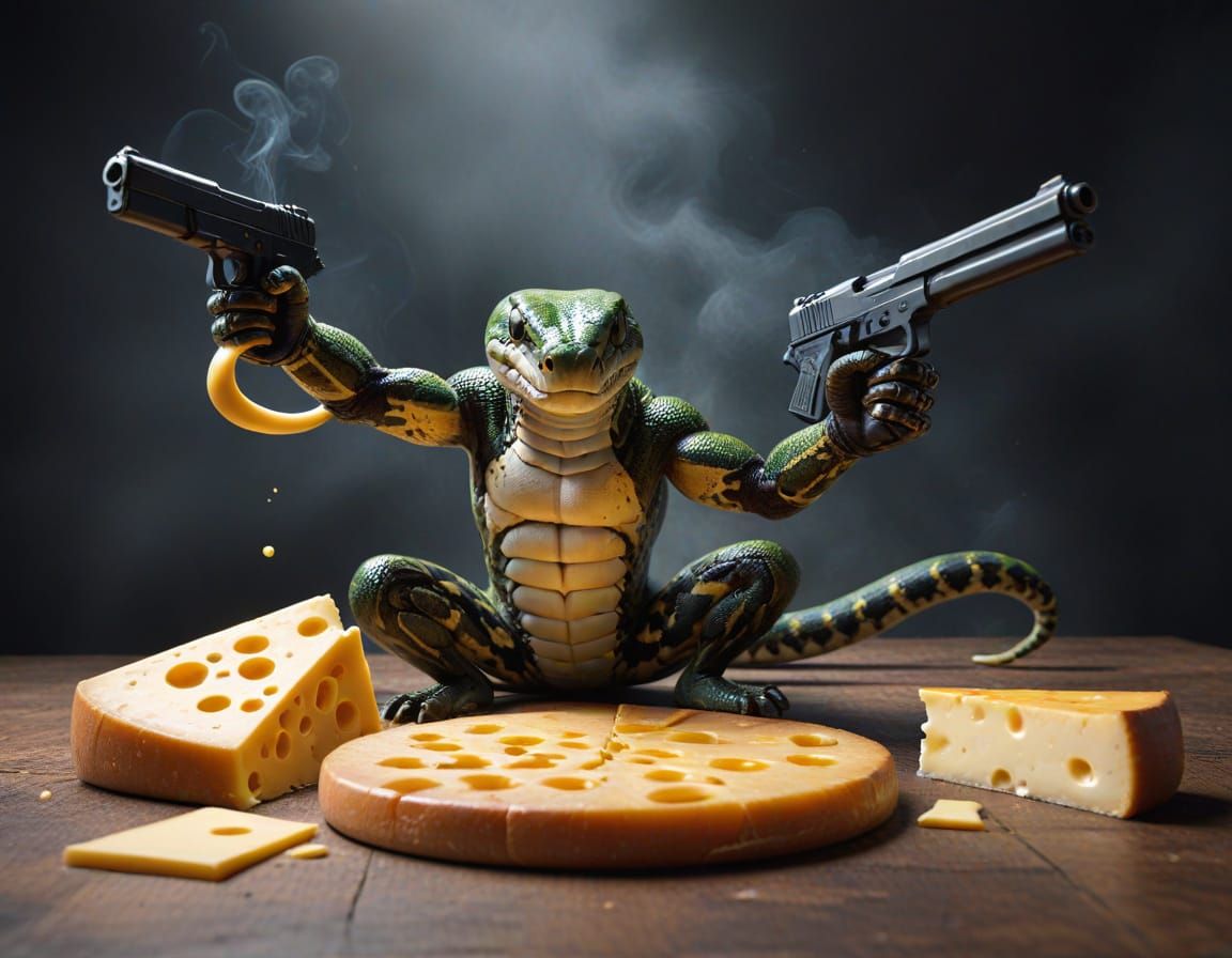 Snakes Unleash Gunfire on Cheese in Futuristic Landscape