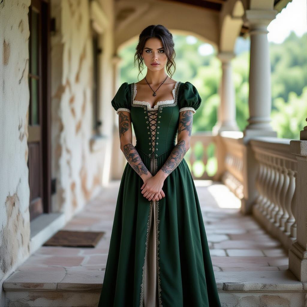 Nervous Noblewoman on Stone Porch, Medieval Style