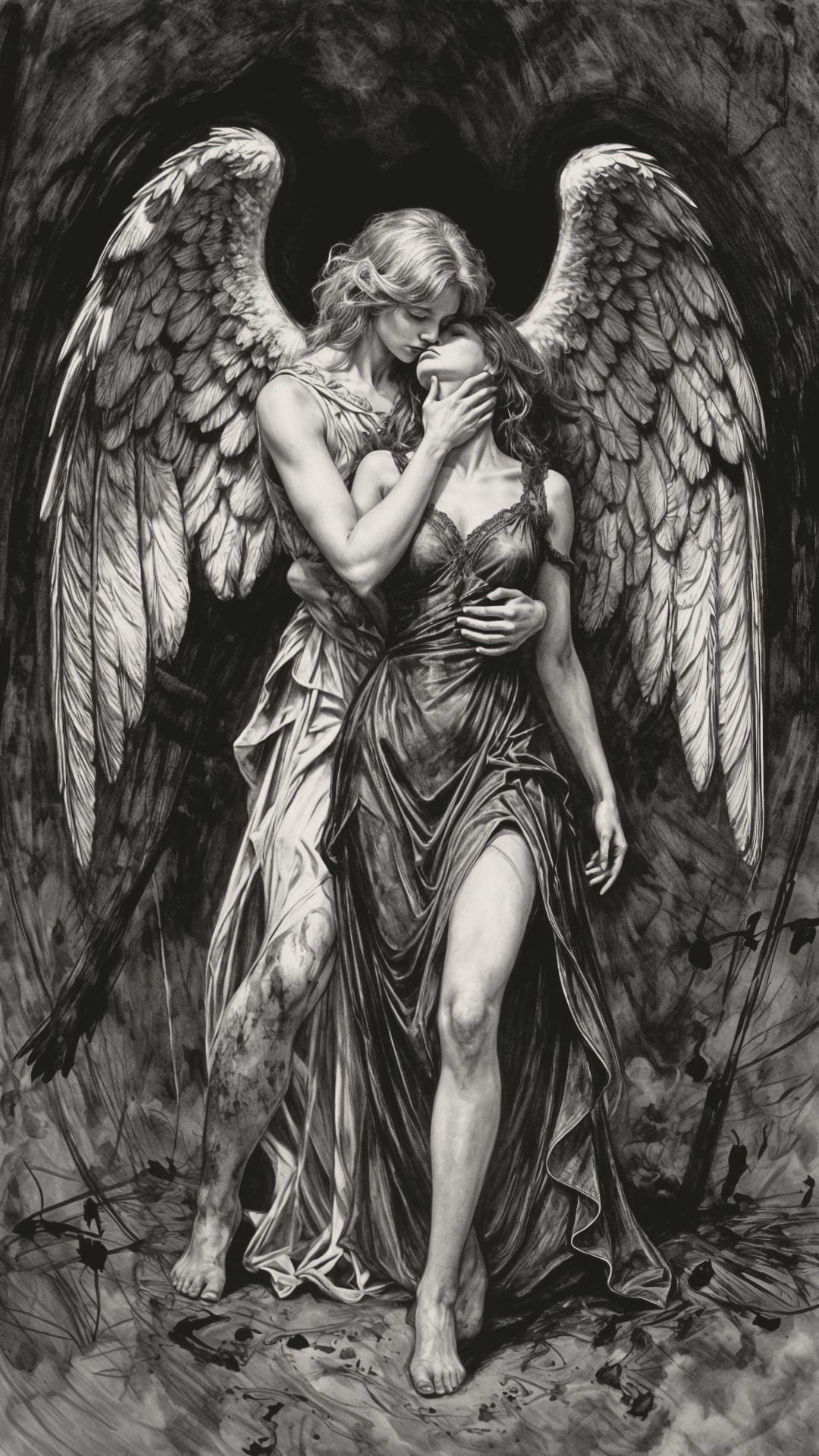 Witch Attacked by Angel in Dark, Ink-Washed Style