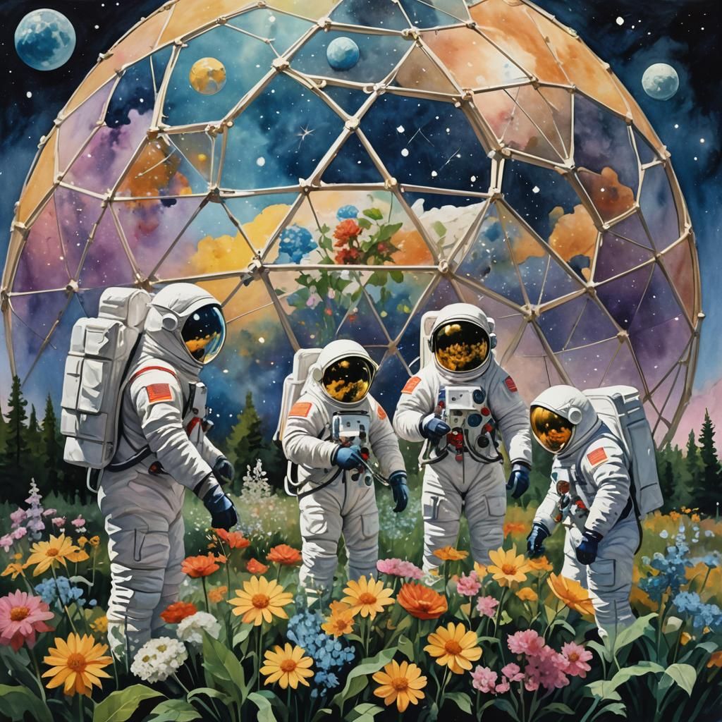Three men in spacesuits tending to the flowers in a geodesic...