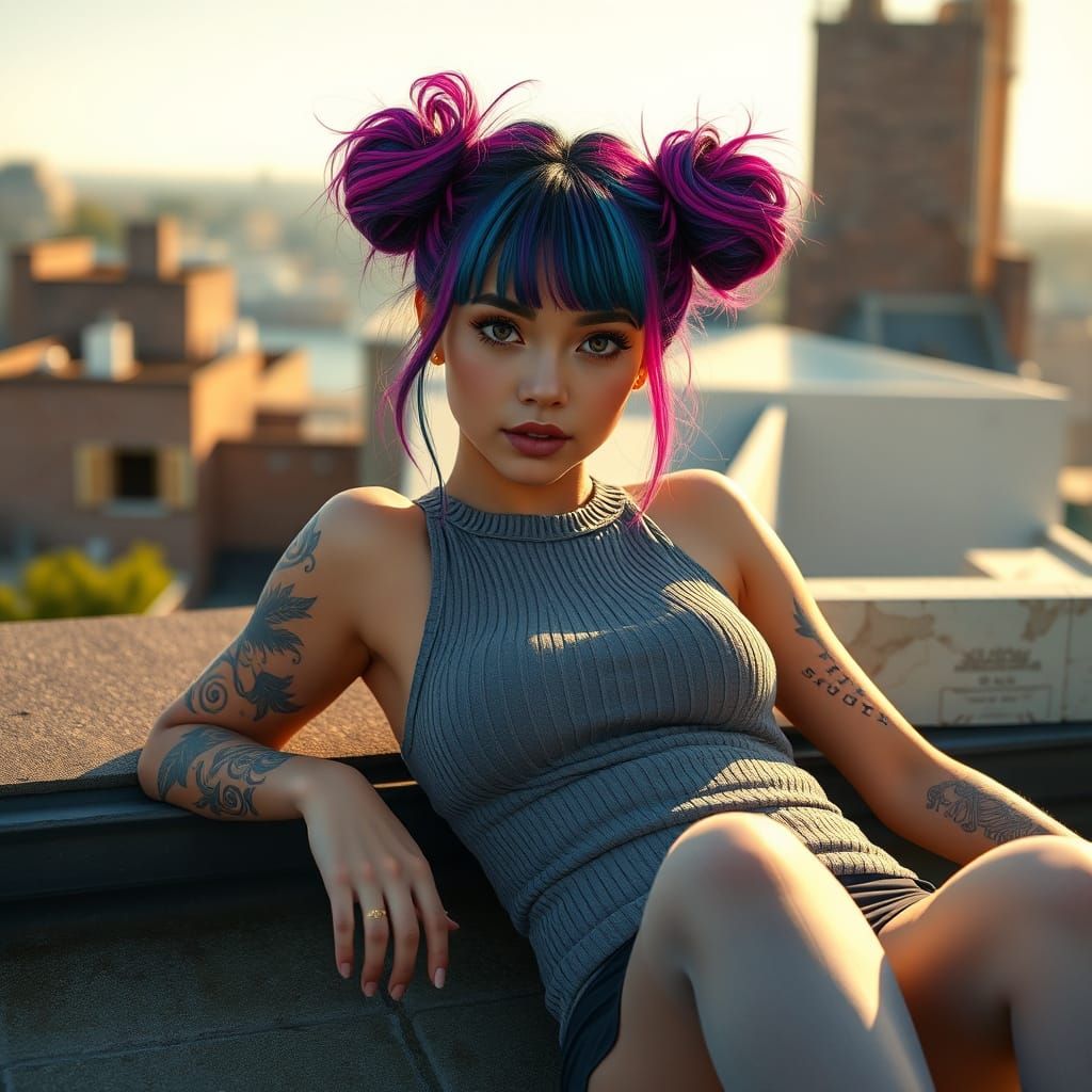 Rooftop Relaxation: Woman with Tattoos in Sunlight