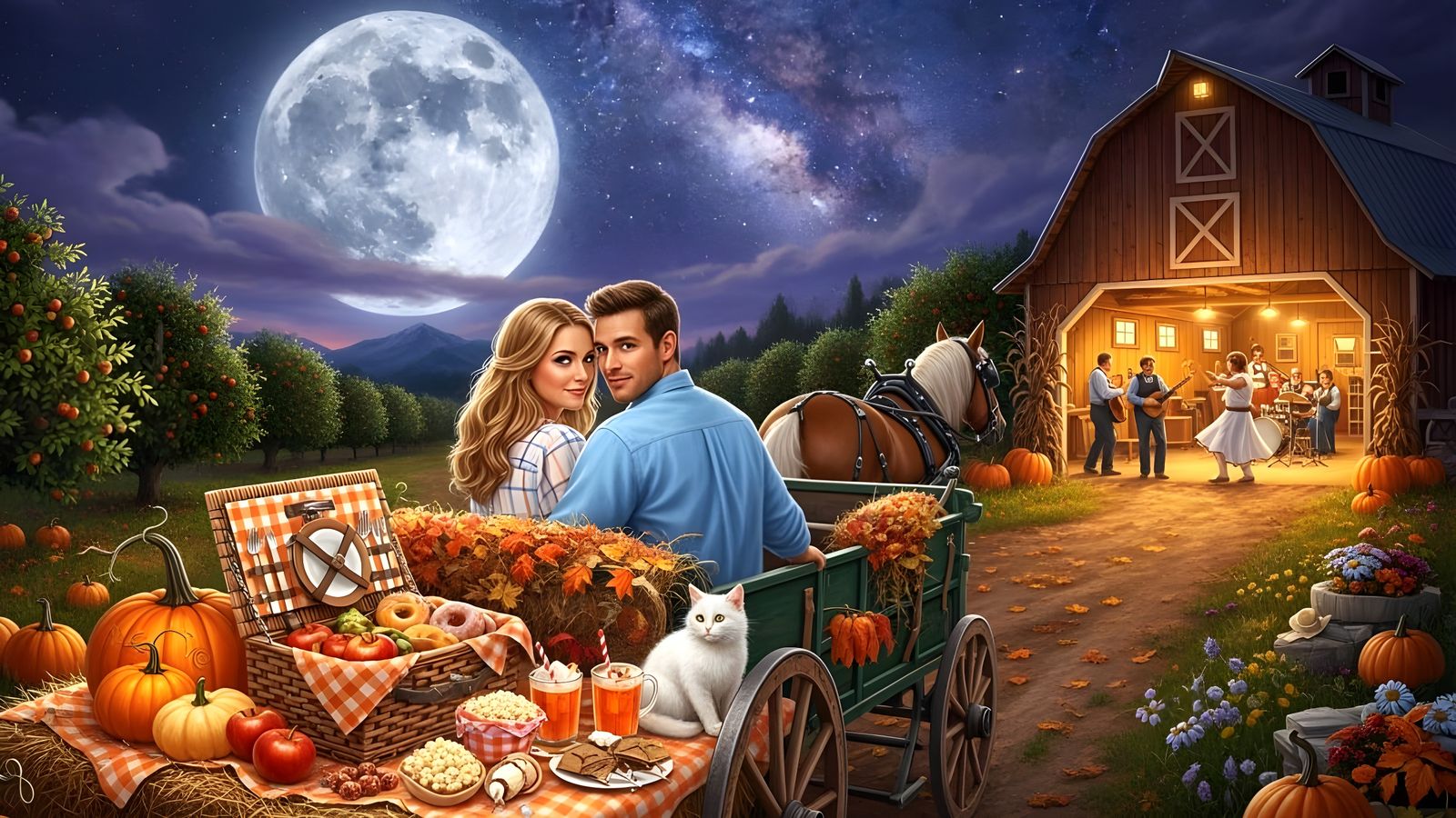 Romantic Couple Under Harvest Moon on Farm