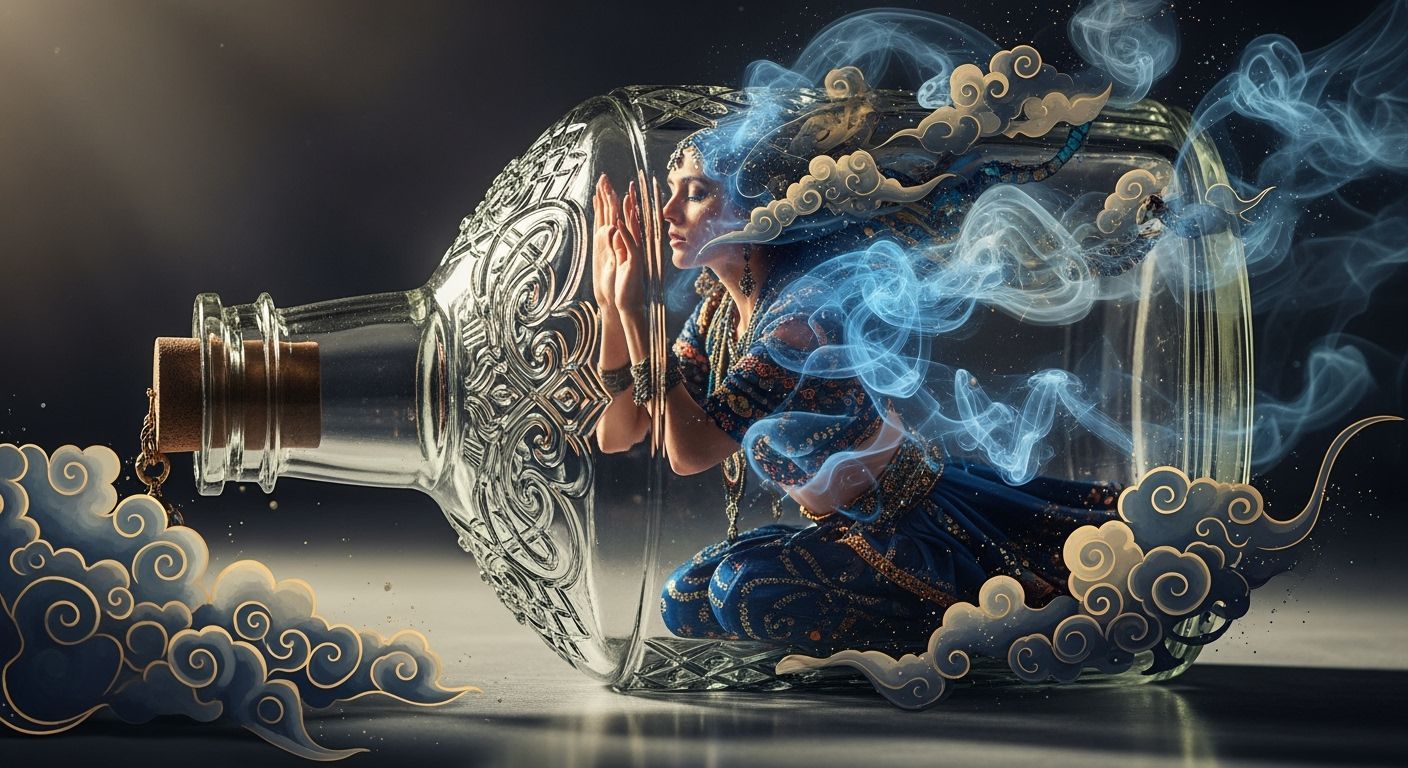 Female Genie Trapped in Ornate Antique Bottle