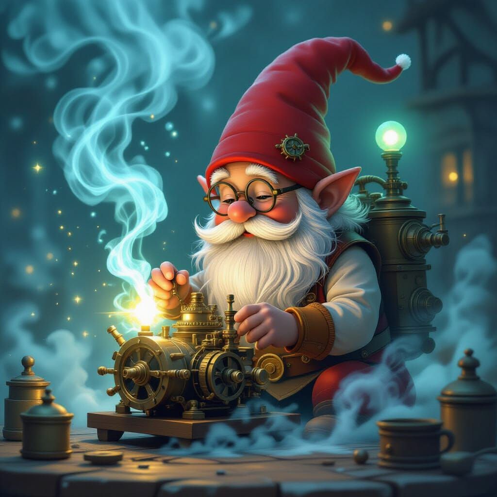 Gnome Crafts Steampunk Engine in Ethereal Mist