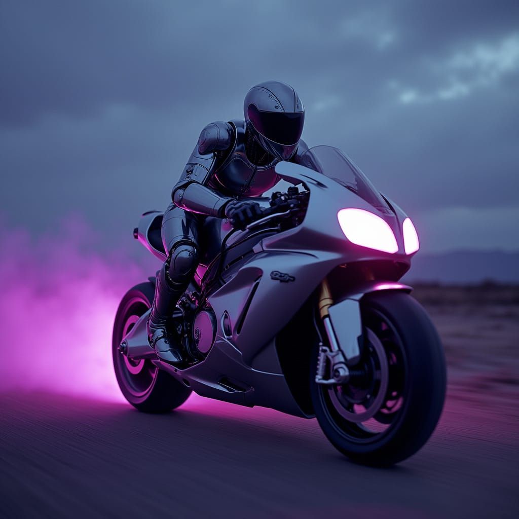 Futuristic Robot Speeds on Motorcycle Under Dark Skies