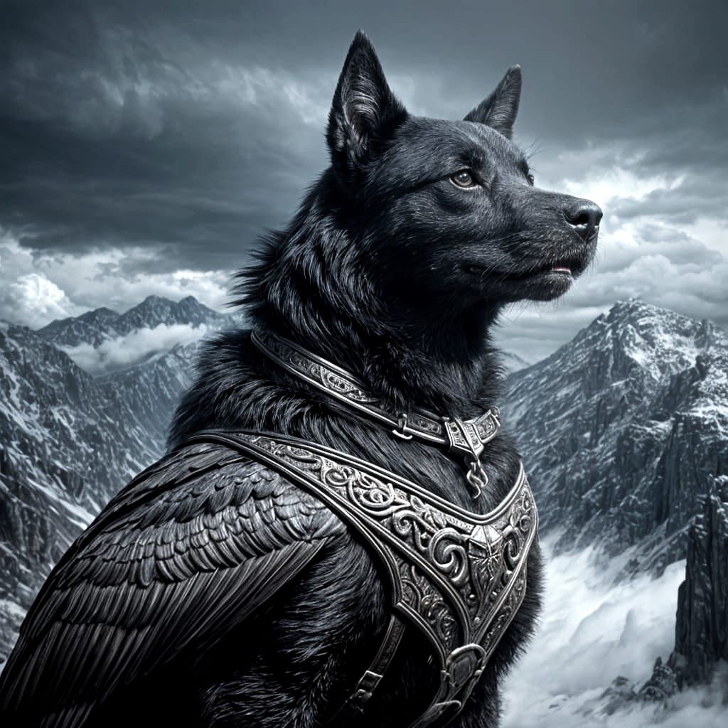 Heroic Dog with Moth Wings Flies Above Mountains