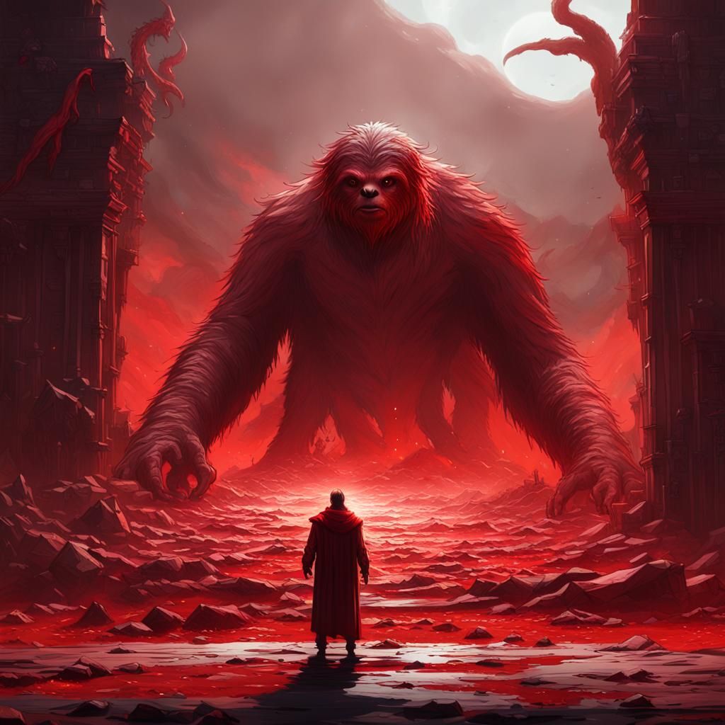 Colossal Red Sloth Demon in Dark Fantasy Style