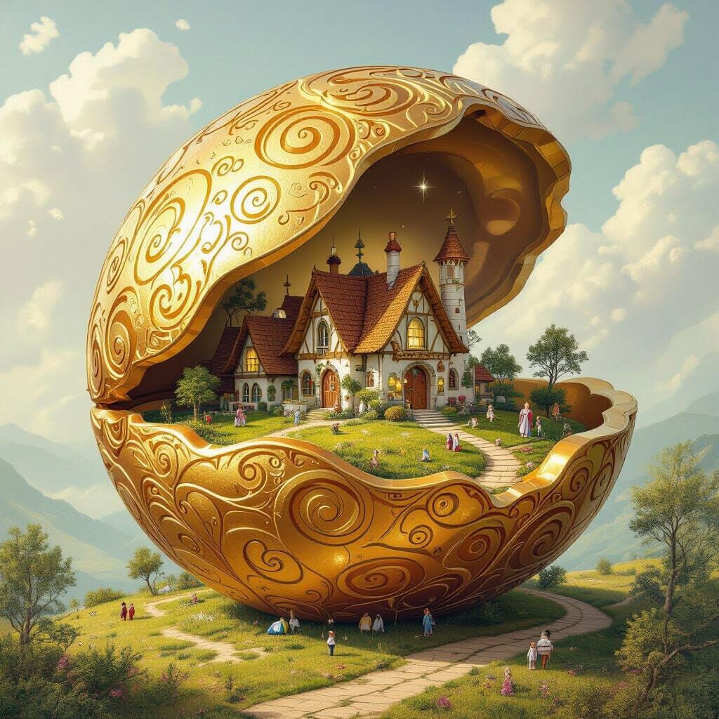 Village Inside Gold Walnut Shell in Dreamy Futuristic Style