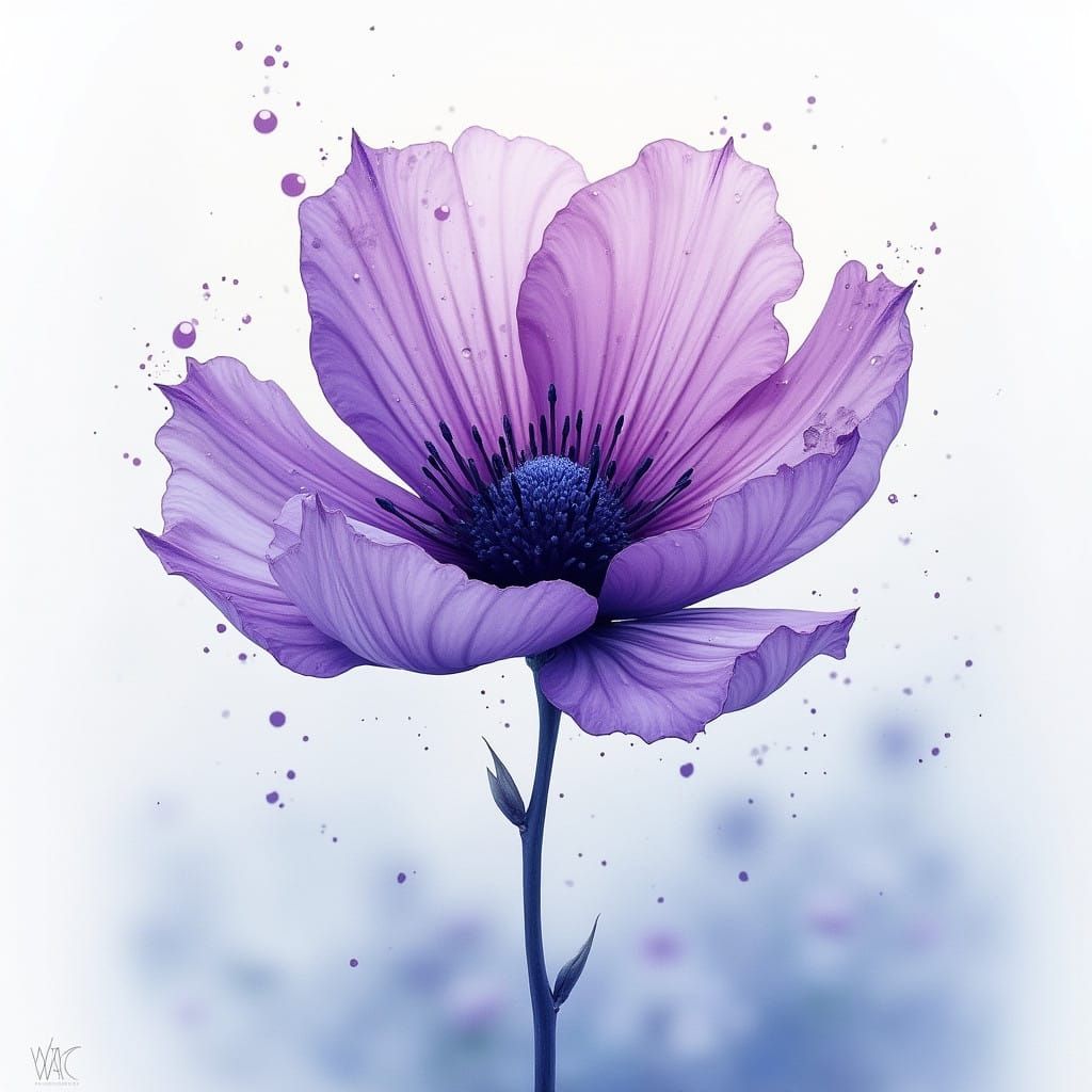 Ethereal Violet Bloom in Whispery Charcoal and Watercolor