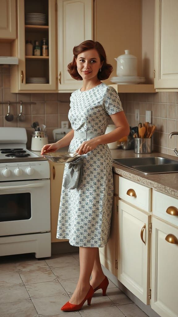 1950s Tradwife Cooking Breakfast: Hyperrealistic Photography