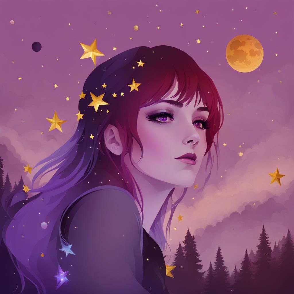 Purple-Haired Woman with Celestial Adornments