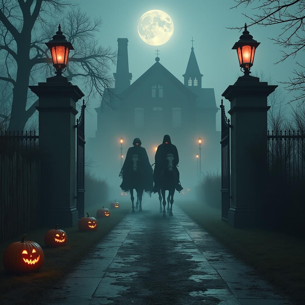 Misty Road to Haunted Mansion with Headless Horseman