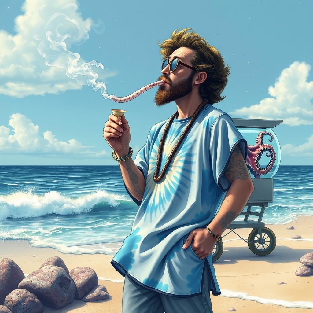 Happy Hippie Smokes Pipe on the Coast