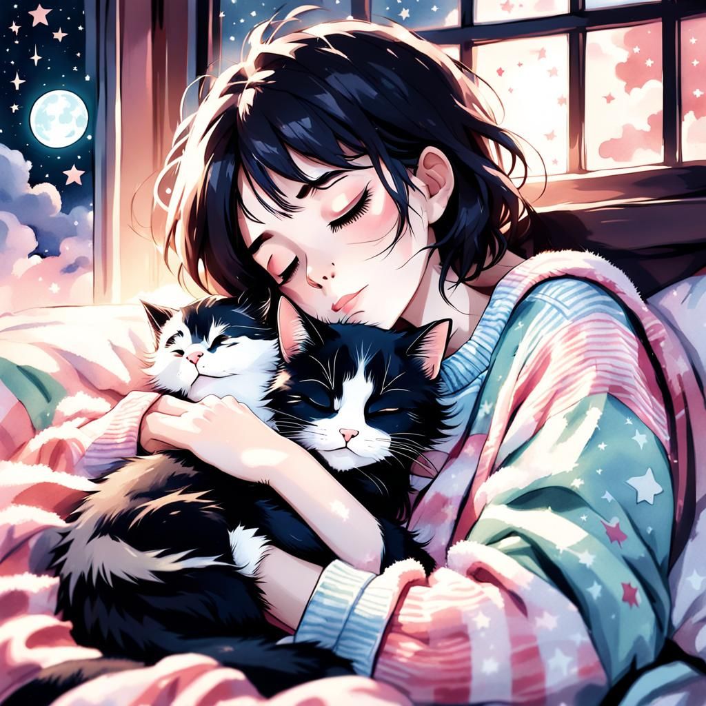 Sleepy Emo Woman in Whimsical Anime Bedroom Scene