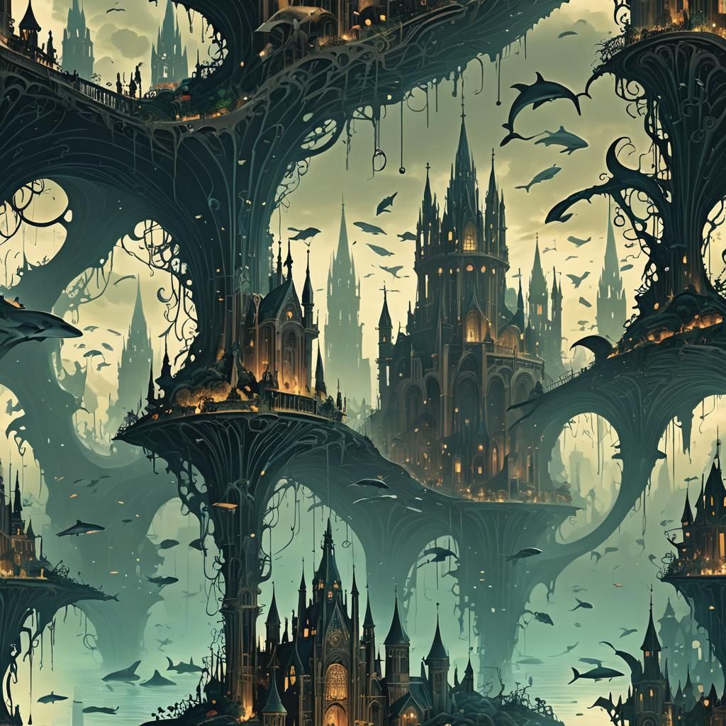 Create underwater city gothic style, with sharks, octopuses, dolphins, matte painting, epic, ultra high quality model


...