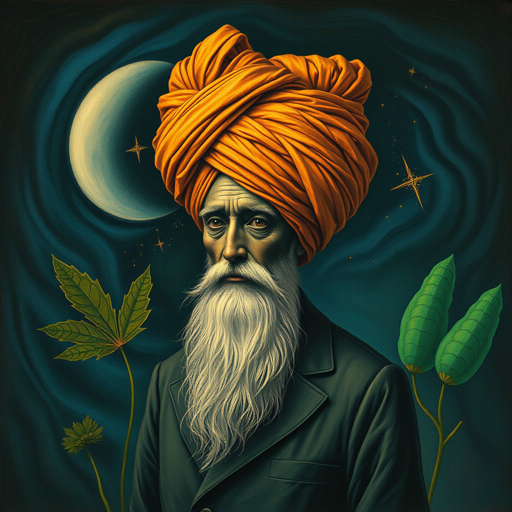 Mystical Turban Figure in Surreal Naive Style