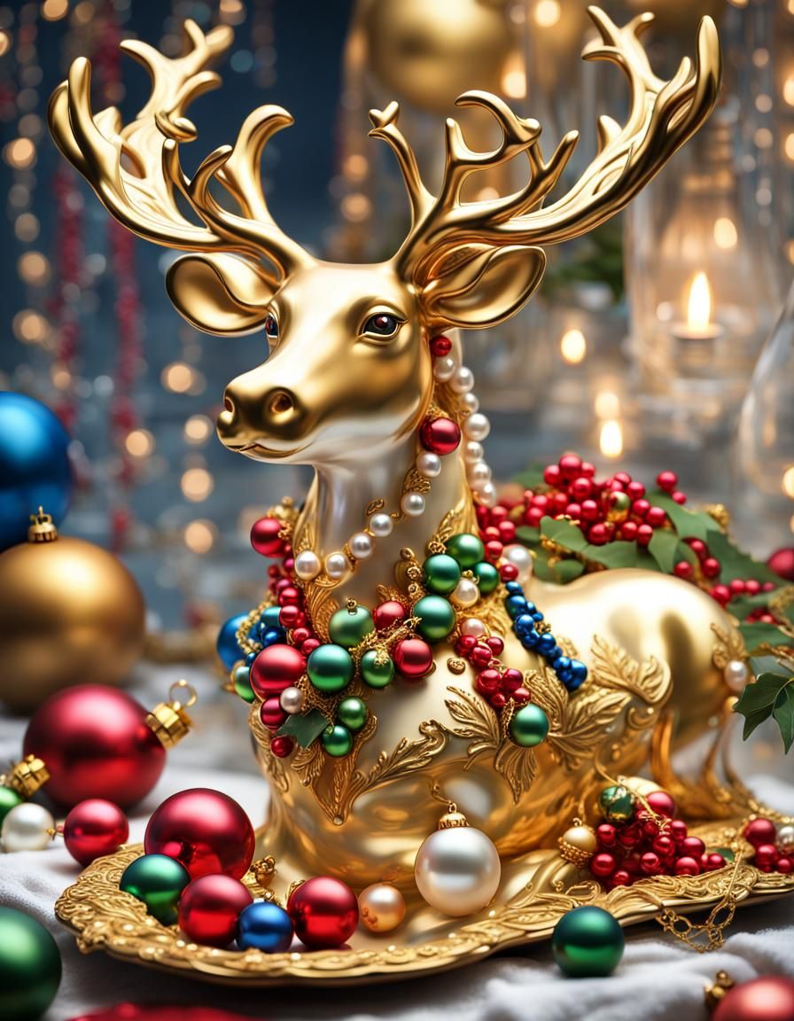 Sumptuous Christmas Porcelain Reindeer with Gold Decorations