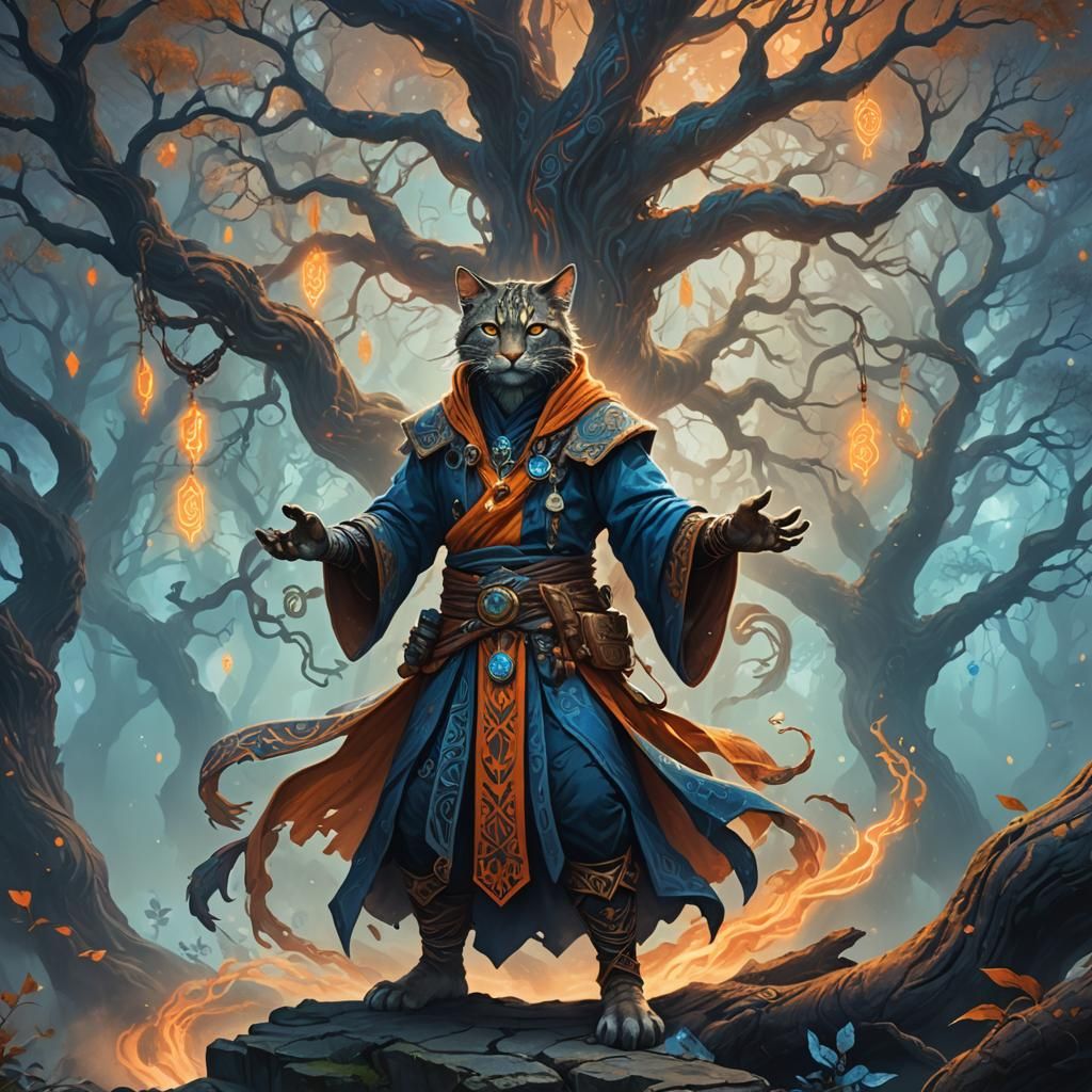 Mystical Tabaxi Sorcerer in Front of Ancient Tree