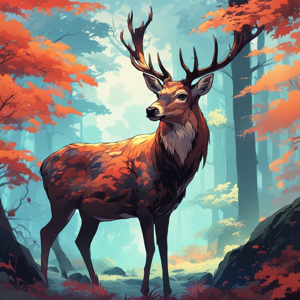 Majestic Deer in Vibrant, Flat Manga Style