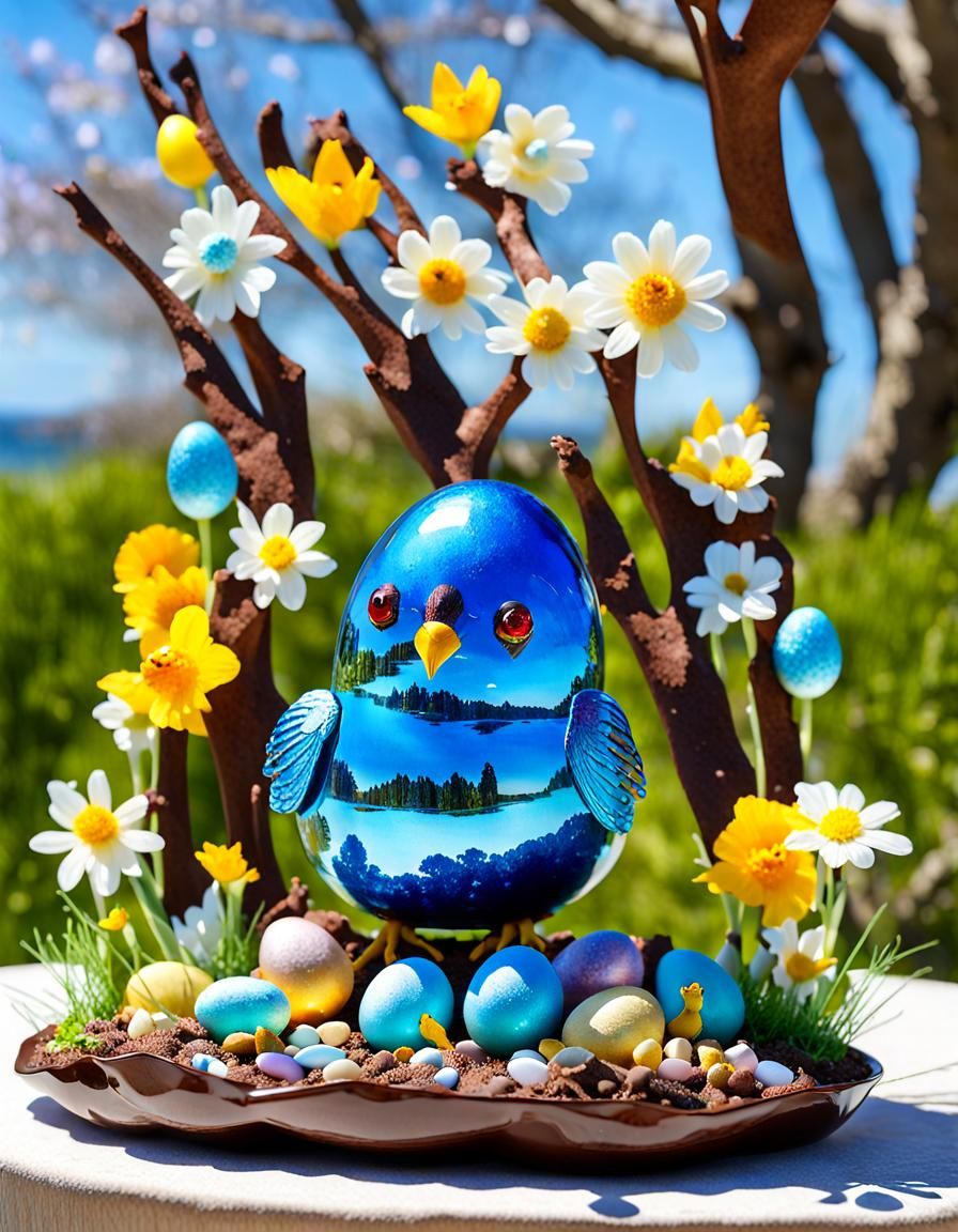 Whimsical Easter Scene with Iridescent Eggs and Spring Flowe...