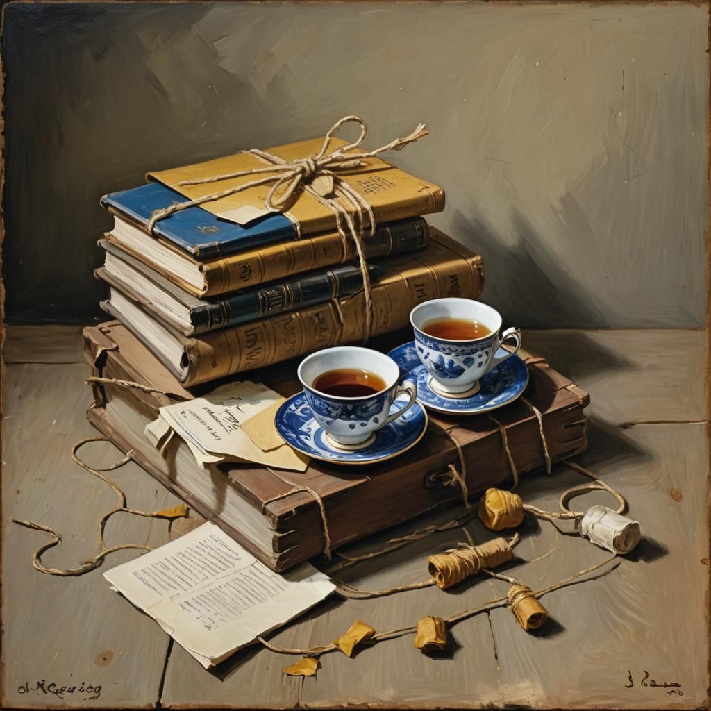 Vermeer-Style Still Life with Books and Teacup