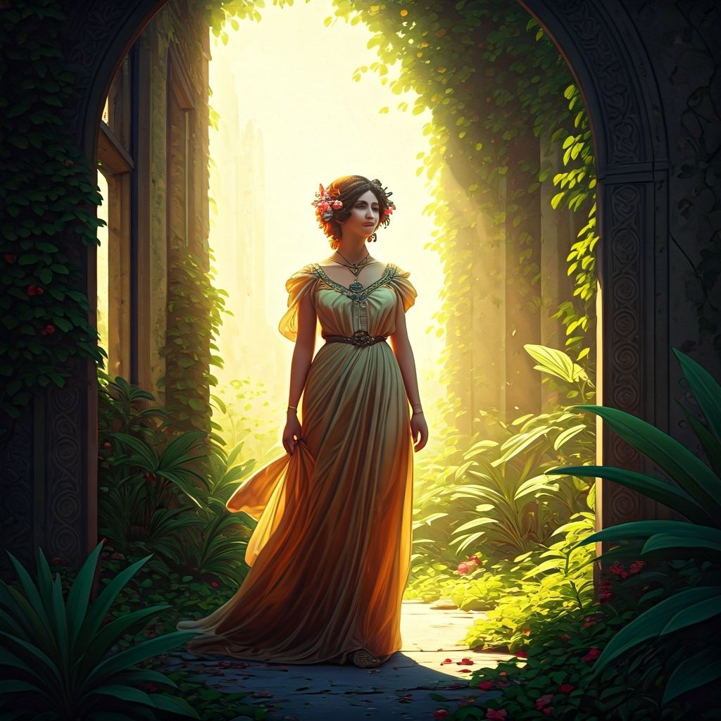 Art Nouveau Woman in Overgrown Urban Ruins