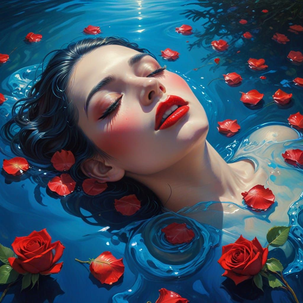 Surreal Lips Melting Into Rose River Under Blue Sun