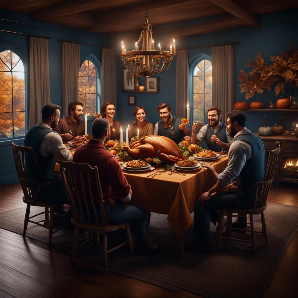 Electricians Celebrate Thanksgiving: Detailed Matte Painting