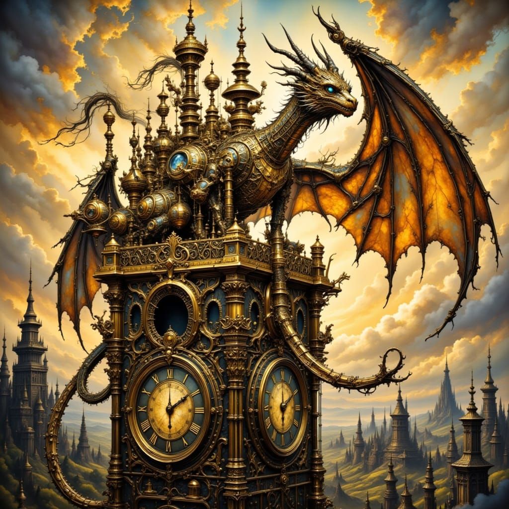 Steampunk Dragon on Clockwork Tower in Victorian City