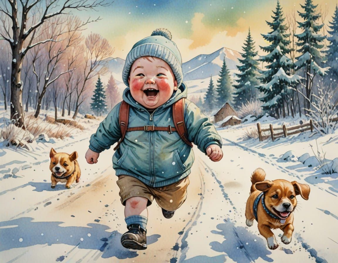 Vibrant Watercolor Manga of Baby Boy Chasing Puppy in Snowy ...