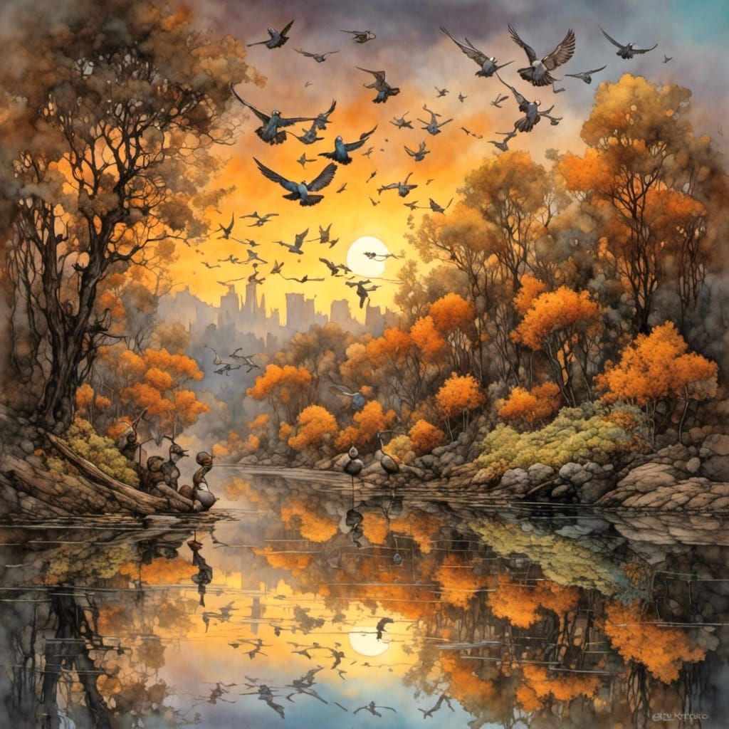 Birds In The Evening At The City Park