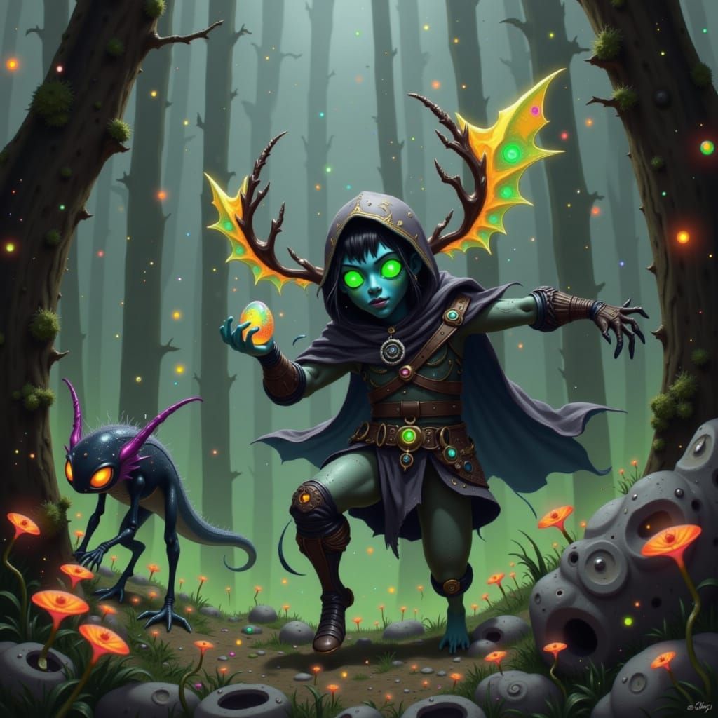 Firbolg Druid Escaping Birdlizard in Dark Fantasy Style