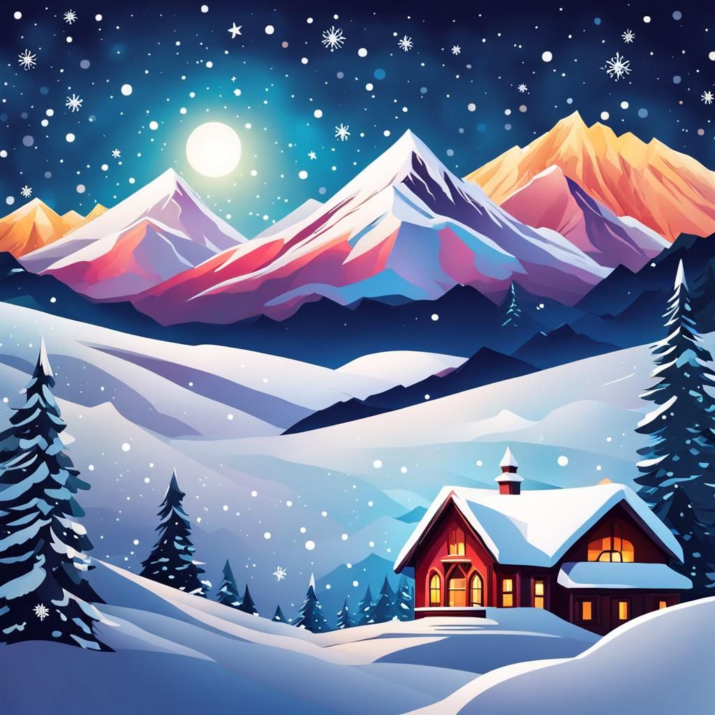Christmas Card with Snowy Mountains and Stars