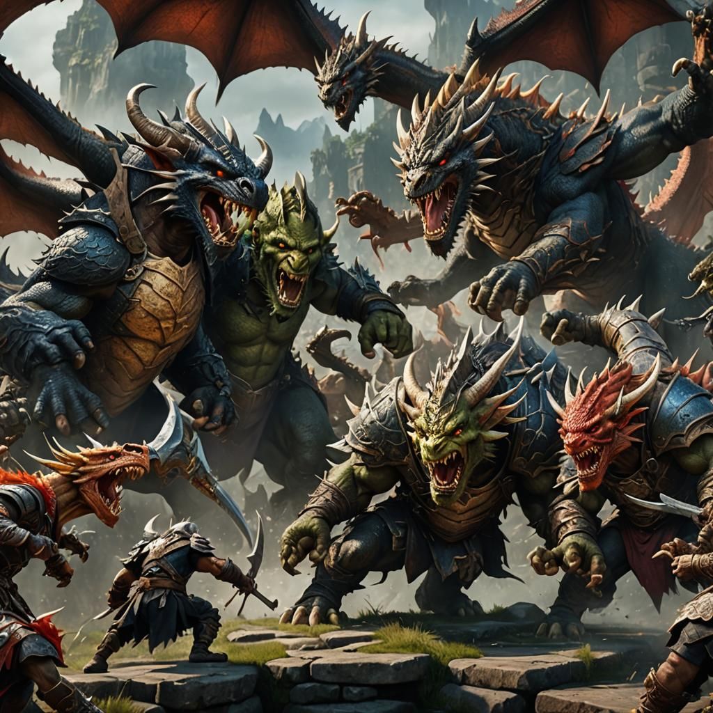 Half-Orcs Battling Dragons in Detailed Matte Painting
