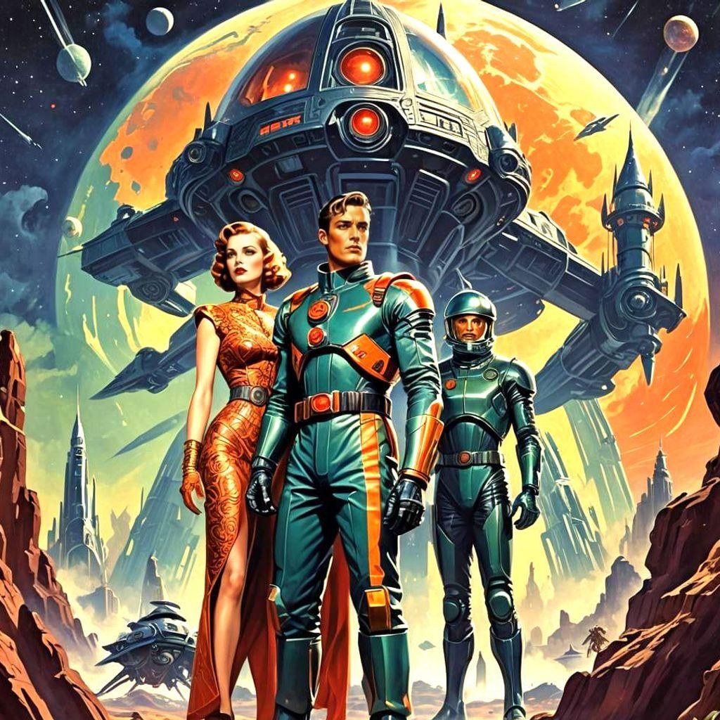 Vintage Science Fiction Hero and Heroine on Alien World