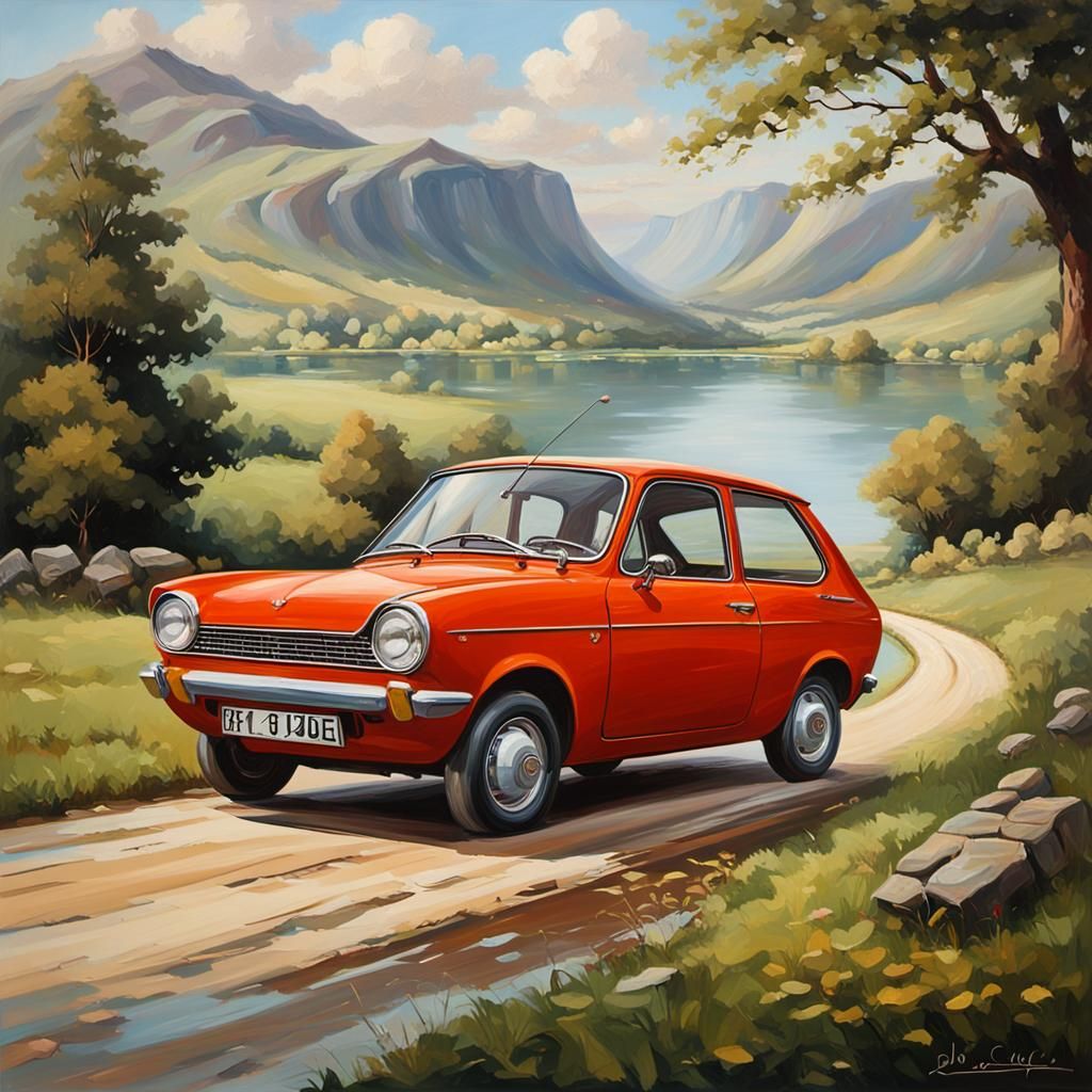 Unique Reliant Robin in Landscape, Oil Painting