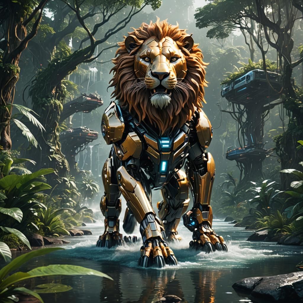 Cyborg Lion Roams a Futuristic Jungle