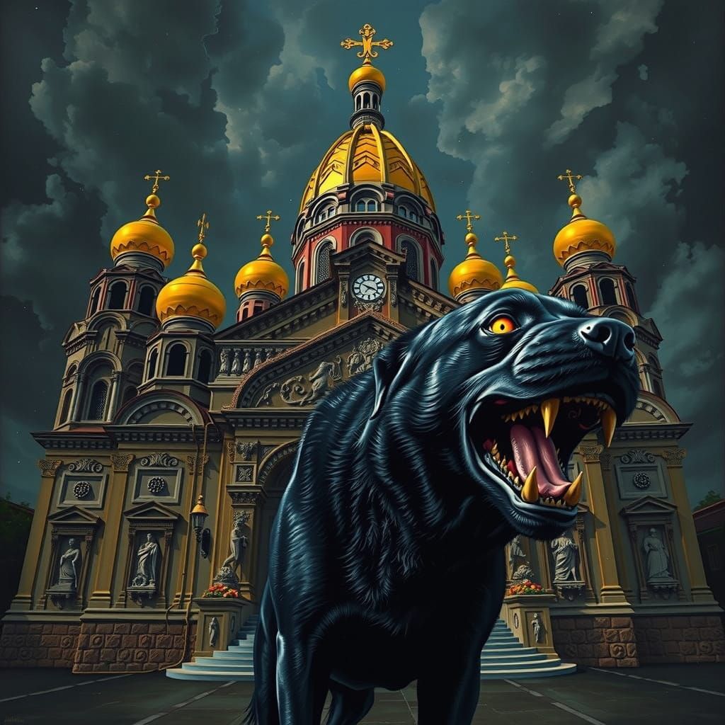 Surreal Russian Cathedral with a Majestic Black Dog
