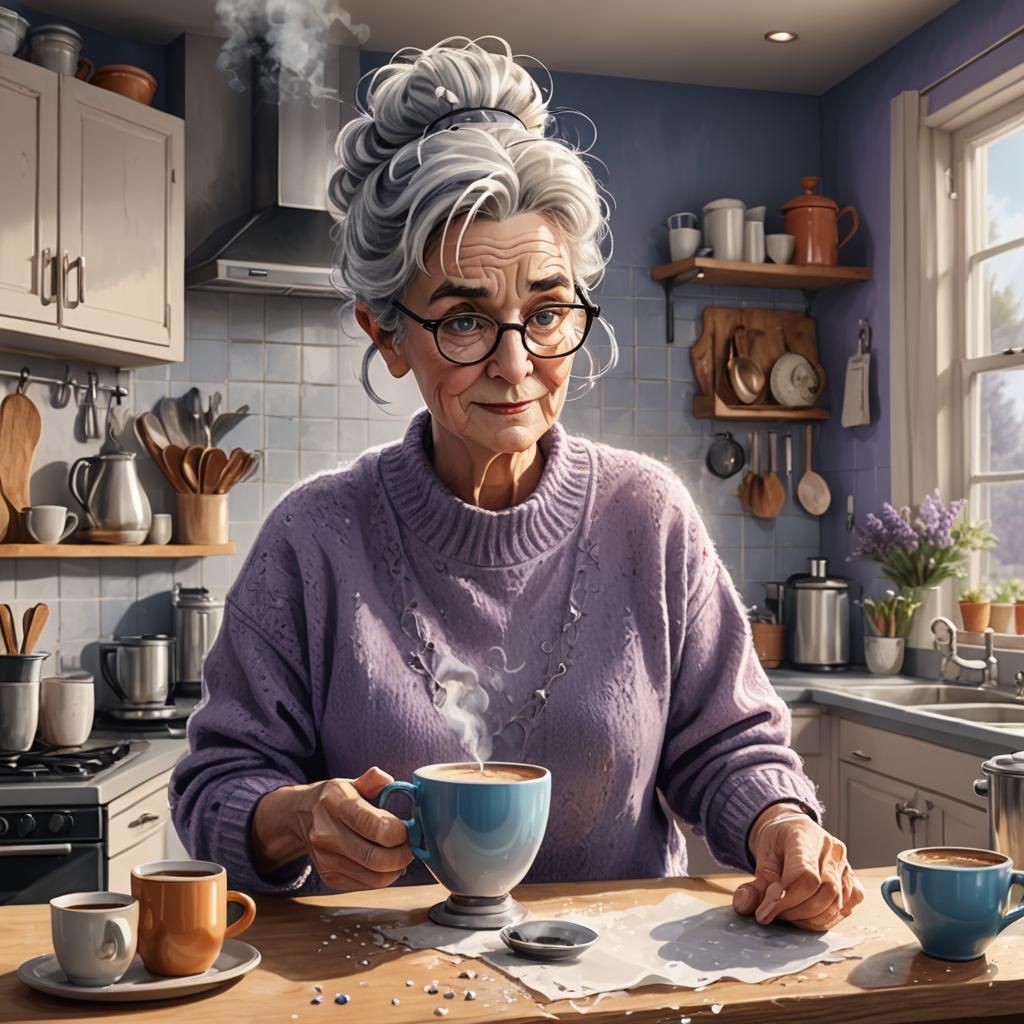Humorous Older Woman with Coffee: Fantasy Cartoon Style